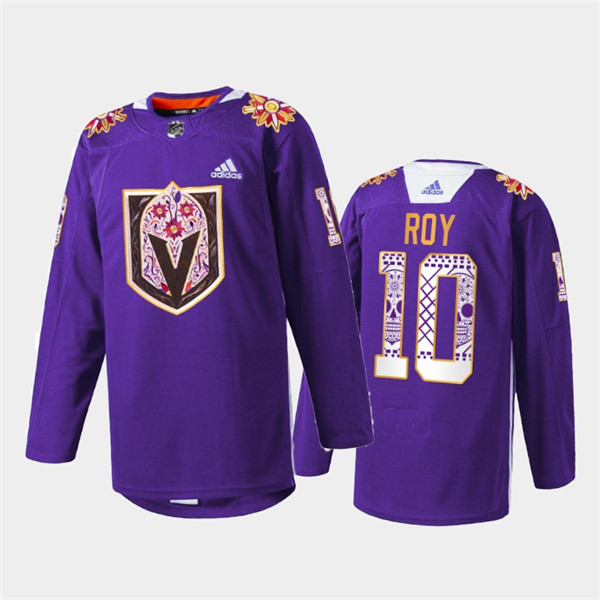 Men's Vegas Golden Knights #10 Nicolas Roy Purple Hispanic Heritage Warmup Stitched Jersey Men's Vegas Golden Knights #10 Nicolas Roy Purple Hispanic Heritage Warmup Stitched Jersey